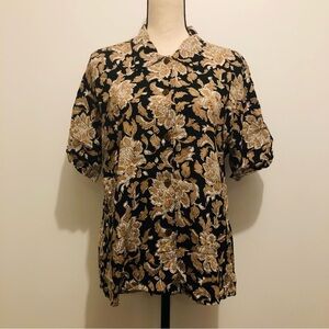 White Stag floral  shirt vintage button down short sleeve blouse SZ L black gold
